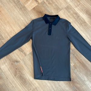 Prada Mens Distressed Gray w Blue button Collar